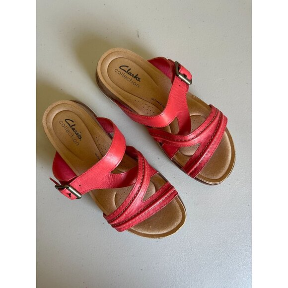 Clarks Collection The Ultimate Comfort Flat Slide Sandals Red Leather - Picture 4 of 8